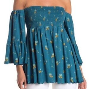 Free People NWOT Lana Woven Bohemian Flowy Floral Off the Shoulder Top Sz Large